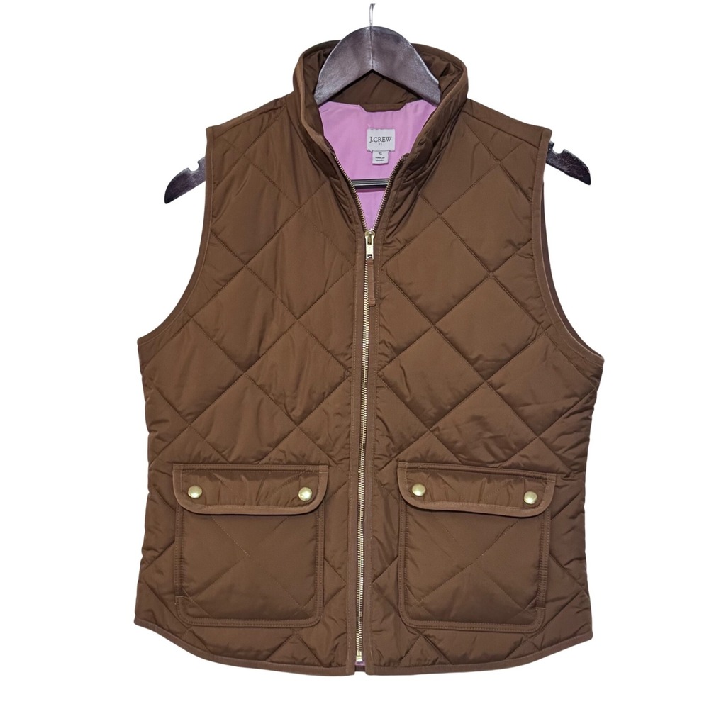 J.Crew Excursion Quilted Puffer Vest Brown Pink Lining Woman's Small Full‎ Zip